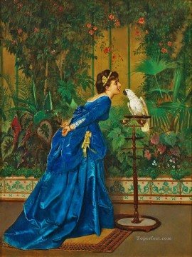 オウムの鳥に餌をやる女性 Oil Paintings